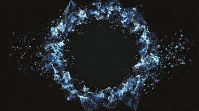 Abstract blue particles form a circle on black. Sci-fi, mystical & futuristic