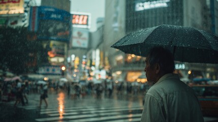 A man with an umbrella stands amid city rain, observing as the rain falls on his umbrella. The man watches city lights reflecting on wet streets while people move around him.