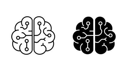 Stylized Digital Brain Circuit Icons in Black and White Outline and Solid Fill