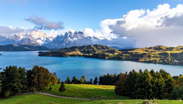 Majestic mountain range towers over a serene lake, reflecting the clear blue sky with fluffy white clouds in a breathtaking natural landscape, showcasing the beauty of nature with vibrant green... - Powered by Adobe