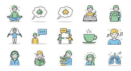 Fototapeta premium Mental wellbeing and self care practices represented through simple line icons for promoting
