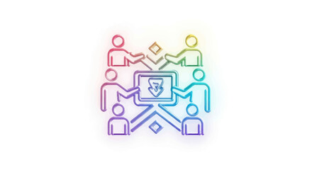 Obraz premium Colorful line art icon of a team collaborating around a central screen with a secure download shield symbol.