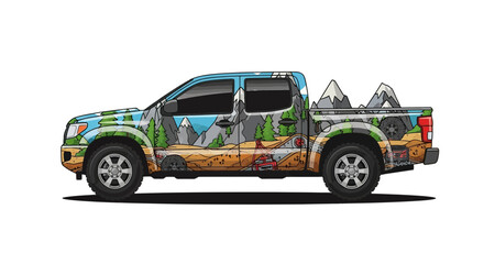 Fototapeta premium Stylized pickup truck featuring an outdoor adventure scene with mountain and forest theme