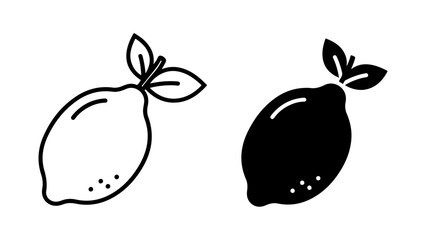 Minimalist Black Lemon Fruit Icons, Outline and Silhouette on White