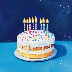 A whimsical two-layered birthday cake adorned with colorful sprinkles and lit candles against a dreamy night sky, painted with vibrant watercolors.