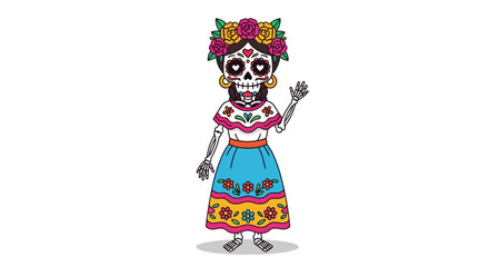 Whimsical Day of the Dead Cartoon: A festive skeleton lady with vibrant floral crown