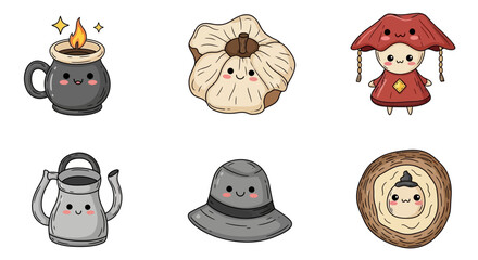 Whimsical Cartoon Collection: Kawaii-Style Objects with Adorable Smiling Faces for Children