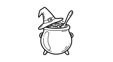Whimsical hand-drawn image of a witch's cauldron and hat, perfect for spooky season illustrations