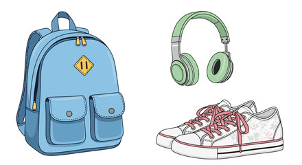 Whimsical student essentials collection featuring a backpack, headphones, and sneakers