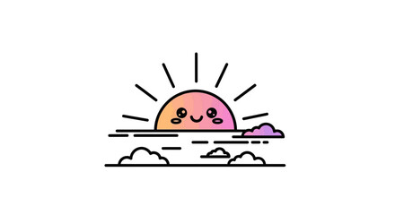 Whimsical sunrise character illustration with smiling face and pastel gradient design elements