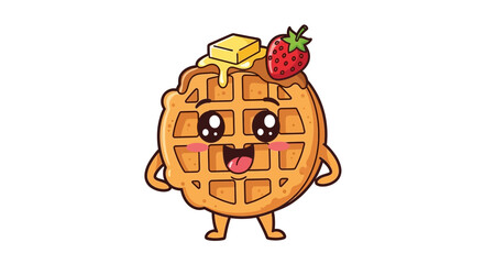 Whimsical waffle character with butter and strawberry engaging in cheerful expression