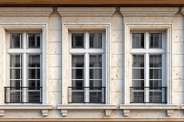 Elegant Exterior View of Three Windows with Architectural Details and a Beige Stone