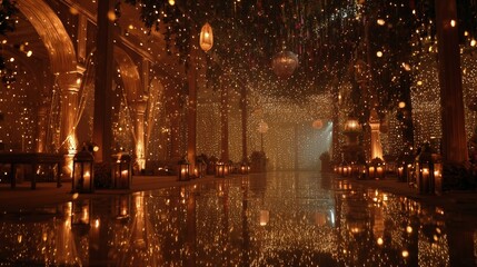 Golden lights illuminate the elegant hall as lanterns reflect on a polished surface. Lanterns line the hallway, casting golden glows and shadows against the golden pillars.