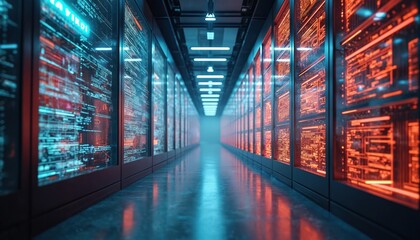 Server room with many computers in data center. Data storage with digital code on screens. Futuristic server farm shows technology development in a space. Digitalization and innovation in IT.