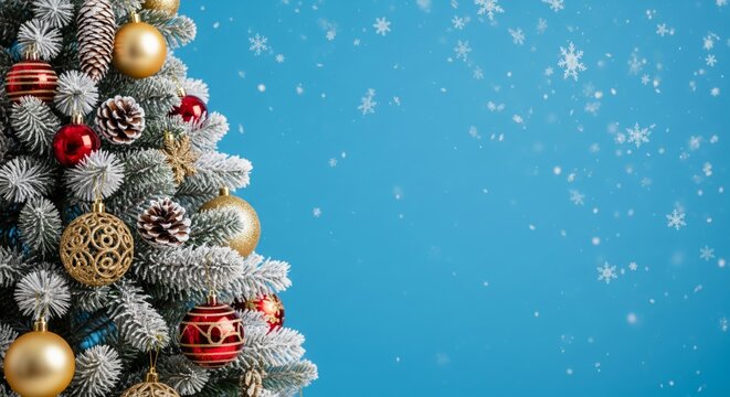 Christmas Tree Branch with Ornaments and Snowflakes on Blue Background