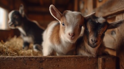 The goat kids stand curiously on the hay as the goat kids peek over the edge. In the warm barn, the fuzzy goat kids eagerly explore their surroundings.