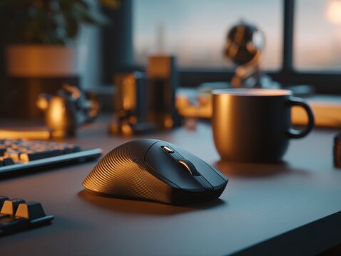 Desk setup featuring a gaming mouse home office product photography evening ambiance close-up view technology focus