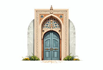 Obraz premium Ornate architectural doorway featuring intricate carvings and a blue arched door framed by detailed stonework and subtle surrounding greenery