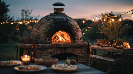 Backyard wood-fired pizza oven glowing at sunset, casting warm light over a rustic table with fresh pizzas and string lights for an intimate alfresco gathering