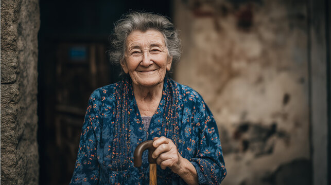 Elderly woman with walking stick smiling - Powered by Adobe