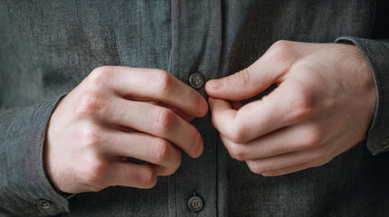Masculine hands carefully buttoning tailored gray shirt, revealing precise dressing technique with understated sophistication and personal grooming detail