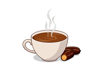 Obraz premium Illustration of a steaming cup of coffee with two dates on the side, showcasing a warm beverage with accompanying sweet dried fruit against a white background