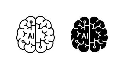 Artificial Intelligence Brain Icons: Outline and Filled Circuitry Design