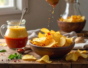 Potato chips being poured with sauce