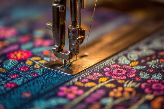 A sewing machine's needle and presser foot are precisely stitching colorful blue thread onto a vibrant patterned fabric.