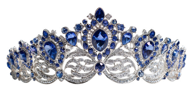 Luxury tiara with blue sapphires isolated on transparent background, royal jewelry