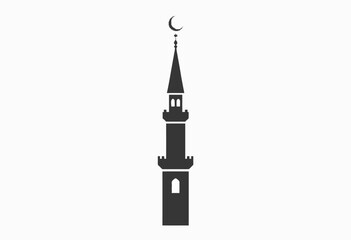 Illustration of a Traditional Minaret Tower with Crescent Moon and Star Silhouette on a White Background