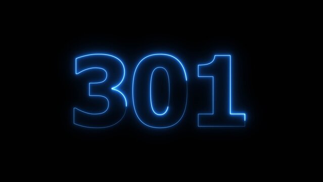 Abstract beautiful blue neon 301 number illustration background. Glowing neon countdown number icon background 4k.