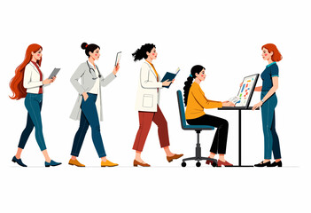 Obraz premium Evolution of Women's Roles Depicted Through Diverse Professions in a Contemporary Workplace Setting With Stylish Attire and Modern Technology