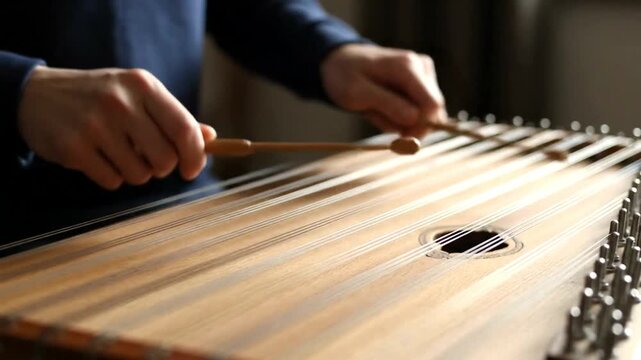 Musician Hands Playing a Traditional Hammered Dulcimer.