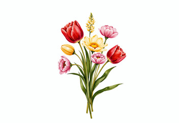 Vibrant Floral Arrangement Featuring Red Tulips, Pink Peonies, and Yellow Daisies Set Against a Minimalist White Background
