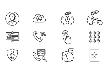 Collection of twelve black outline icons related to communication and user management black and white