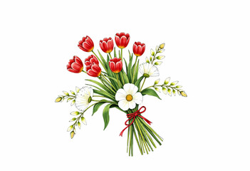 Delicate Illustration of Vibrant Red Tulip and White Daisy Bouquet Tied with Red Ribbon on a Crisp White Background Highlighting Springtime Floral Elegance