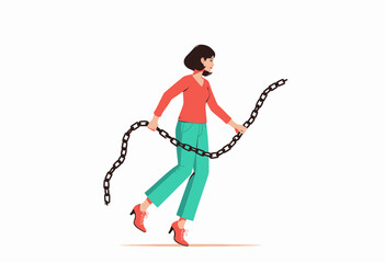 Illustration of a Confident Woman Breaking Free from Chains Symbolizing Liberation and Personal Empowerment Against a White Background