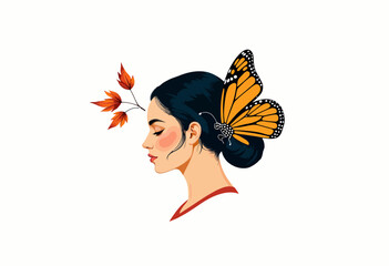 Illustration of a Woman with a Butterfly Hairpiece and Autumn Leaves, Symbolizing Nature's Beauty and Change