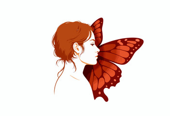 Artistic Portrait of a Woman with Red Butterfly Wings in Profile View Illustration on White Background