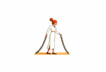Woman in White Dress Breaking Free from Heavy Chains Symbolizing Liberation and Empowerment from Confinement and Constraints