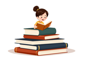 Young Girl Engrossed in Reading While Sitting Atop a Stack of Books in a Whimsical Illustration