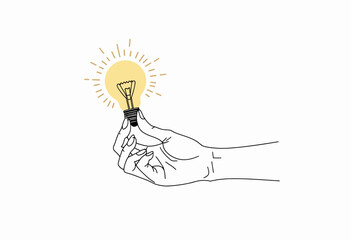 Illustration of a hand holding a glowing light bulb representing creativity, innovation, and the power of fresh ideas in a minimalist artistic style