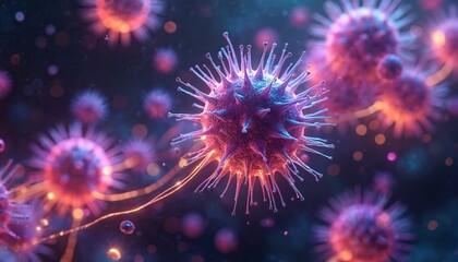 Abstract digital art shows glowing purple and pink microscopic virus cells. Detailed illustration features spiky spheres with thin tendrils against a dark, blurred background with bokeh lights.