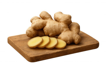 Fresh ginger root and sliced ginger on a wooden cutting board, preparing healthy food ingredient, transparent background
