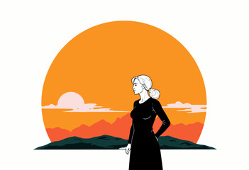 Contemplative Silhouette of Woman Against Vibrant Sunset Horizon with Dramatic Mountainous Backdrop and Expansive Orange Sky