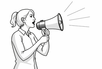 Illustration of a Woman Using a Megaphone to Amplify Her Voice and Spread a Message, Depicting Empowerment, Communication, and Public Speaking