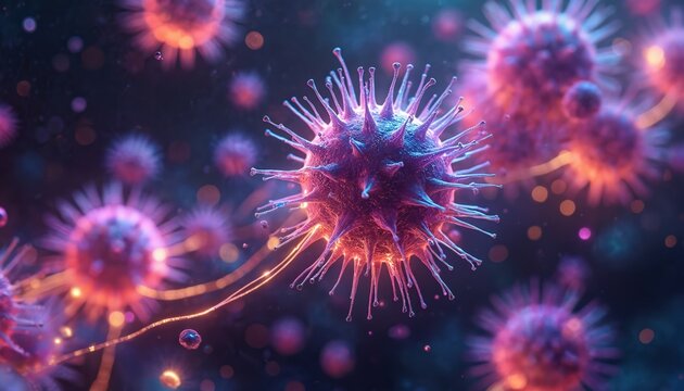Abstract digital art shows glowing purple and pink microscopic virus cells. Detailed illustration features spiky spheres with thin tendrils against a dark, blurred background with bokeh lights.