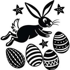 A funny set of cartoon Easter eggs, bunnies, and bees vector illustration