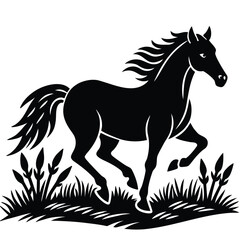 Black running horse silhouette vector illustration with flowing mane and tail symbolizing speed and wild nature